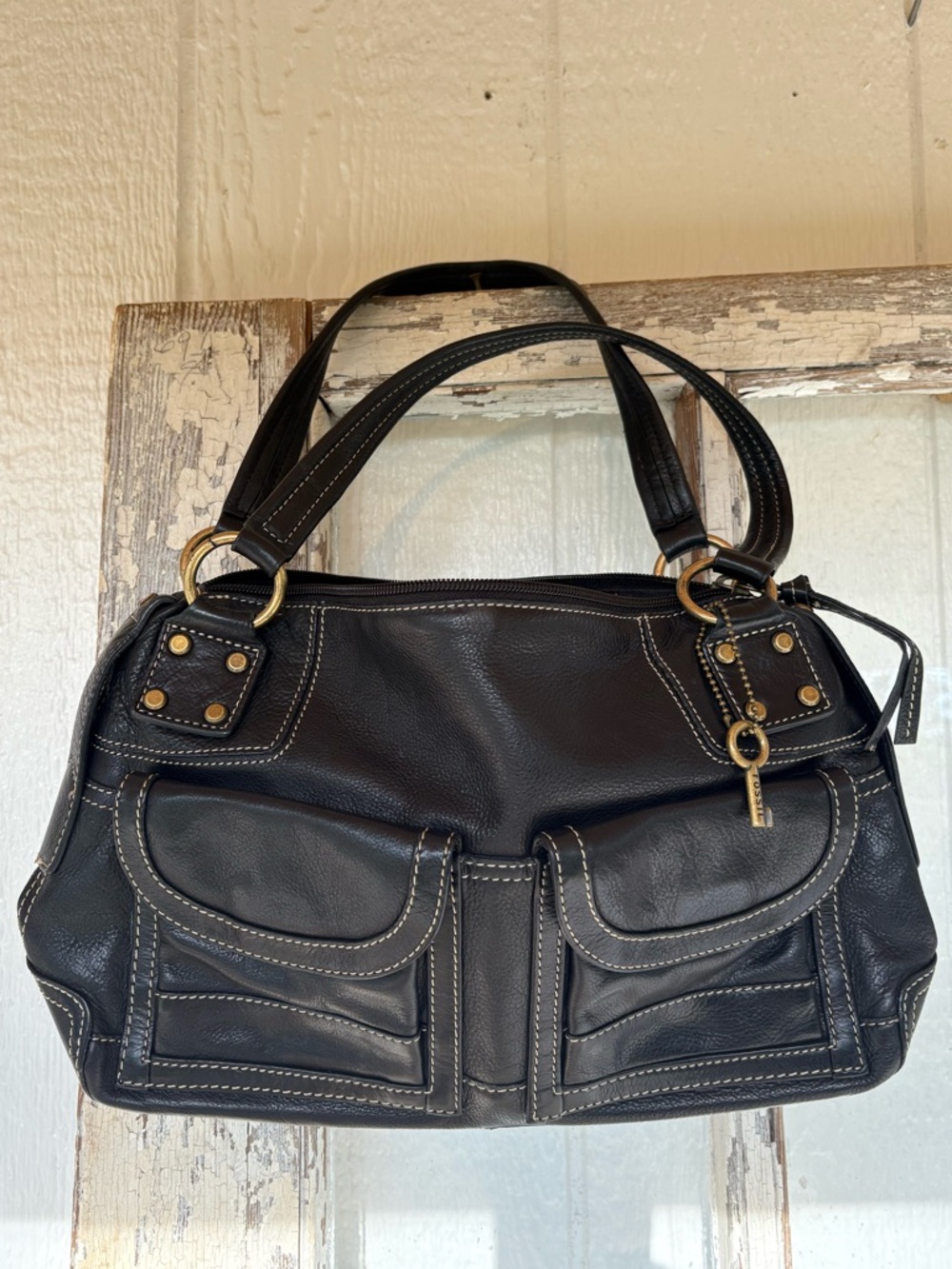 Fossil Black Leather Double-Handle Shoulder Bag with Front Pockets